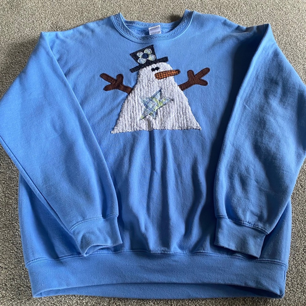 Vintage Gildan Heavy Blend Snowman Applique Sweatshirt Blue Holiday Womens Large